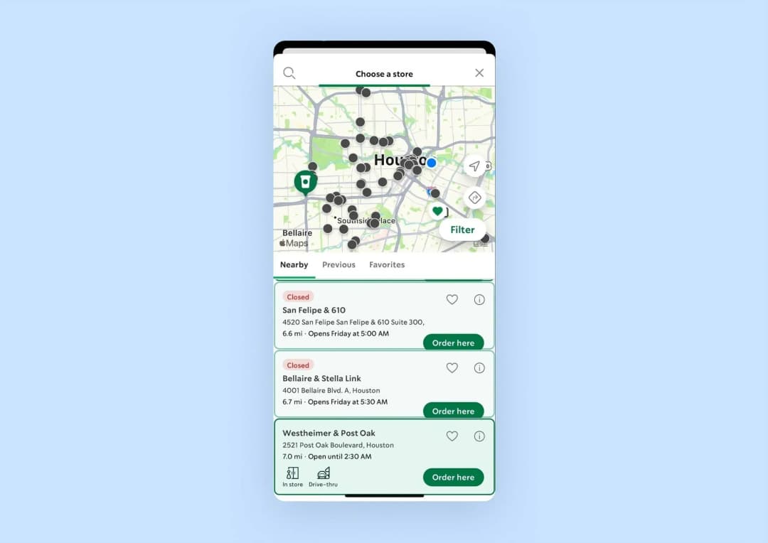 A screenshot of a Starbucks app with a partial map view and a partial list view displaying a list of coffee stores nearby.