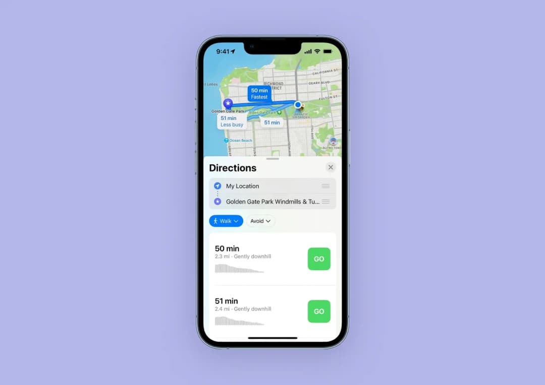 A screenshot of Apple Maps with a 50-minute route mapped on a map