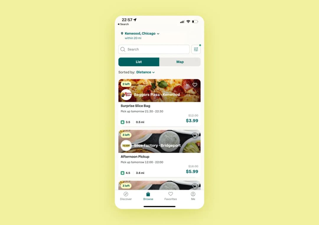 A screenshot with a list of restaurants sorted by distance
