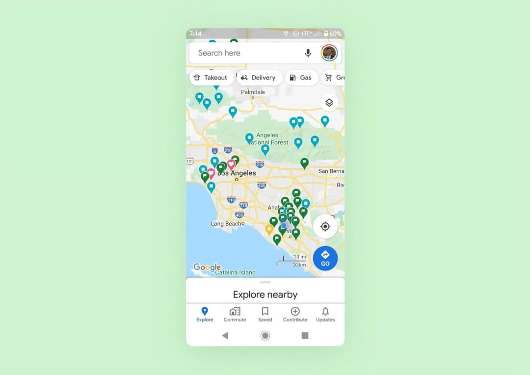 A map of Los Angeles with pins that mark saved locations