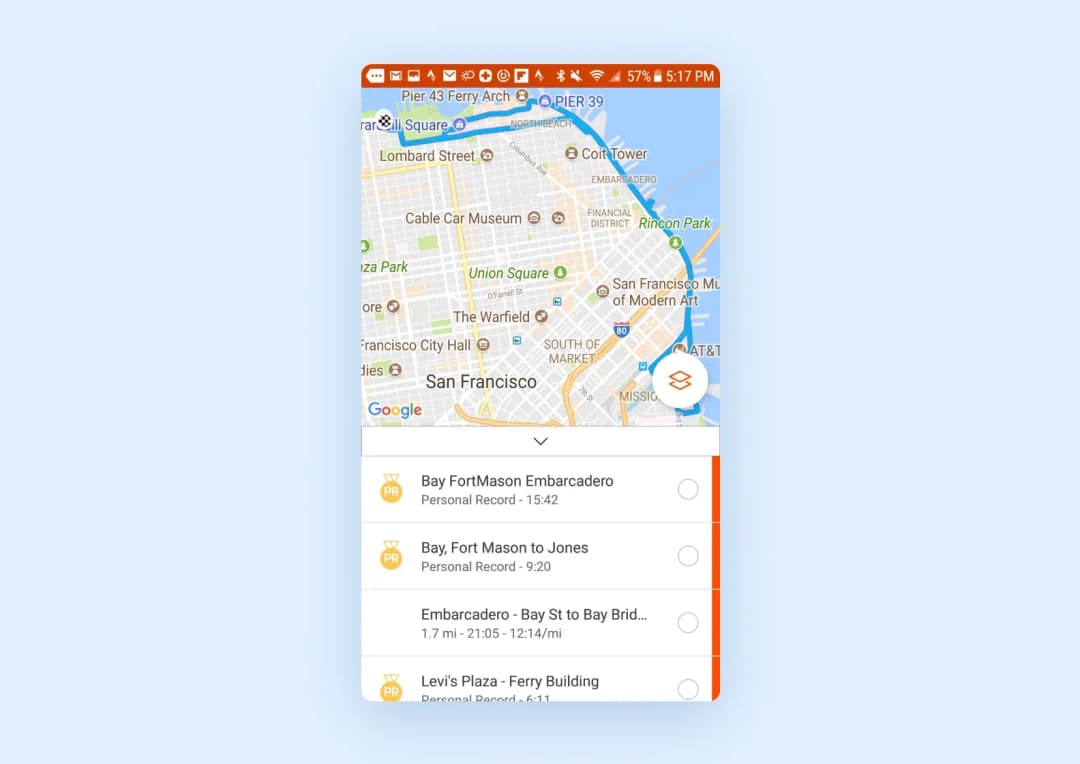 A route of a running training on Strava
