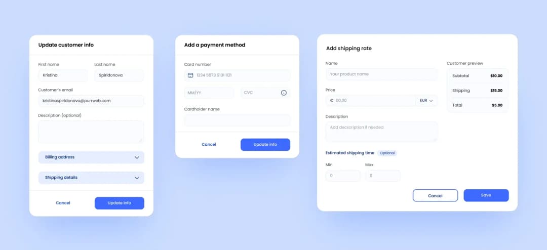 Three UI modals: update customer info, add a payment method and add shipping rate with order preview
