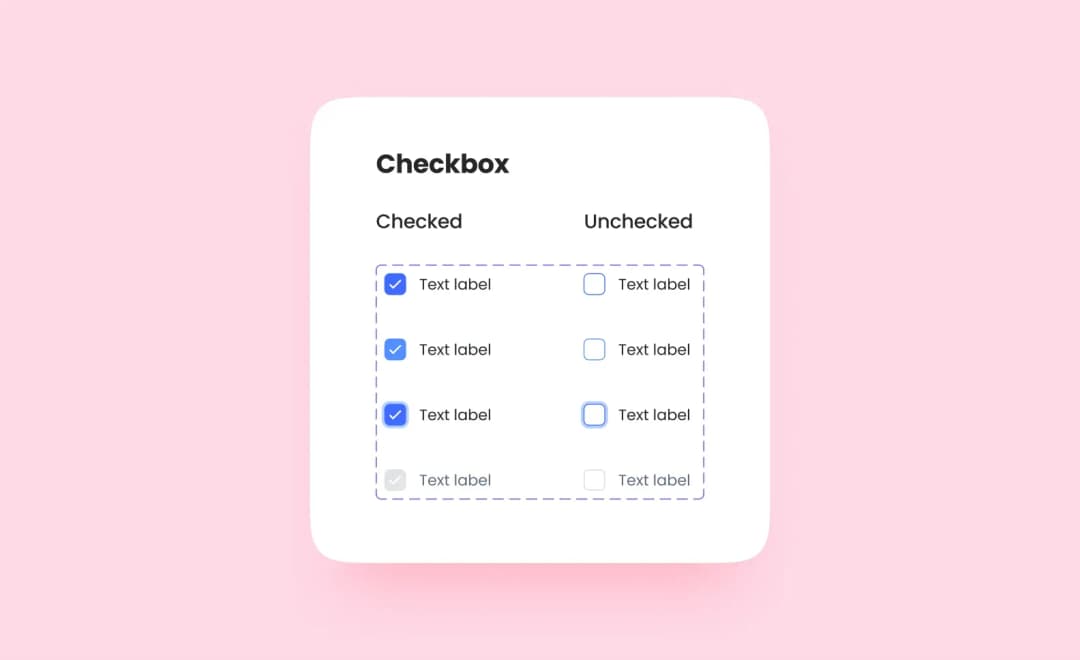Checkbox component states in blue: checked, unchecked, focused and disabled with text labels