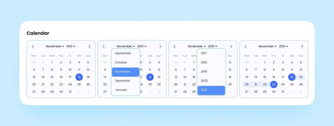 Calendar date picker component: month and year dropdown selectors and a highlighted date range