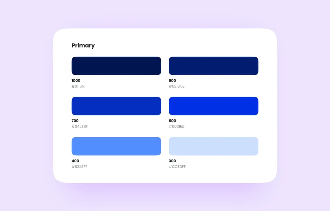 Primary color palette swatches from shade 1000 to 300 with blue tones and hex codes