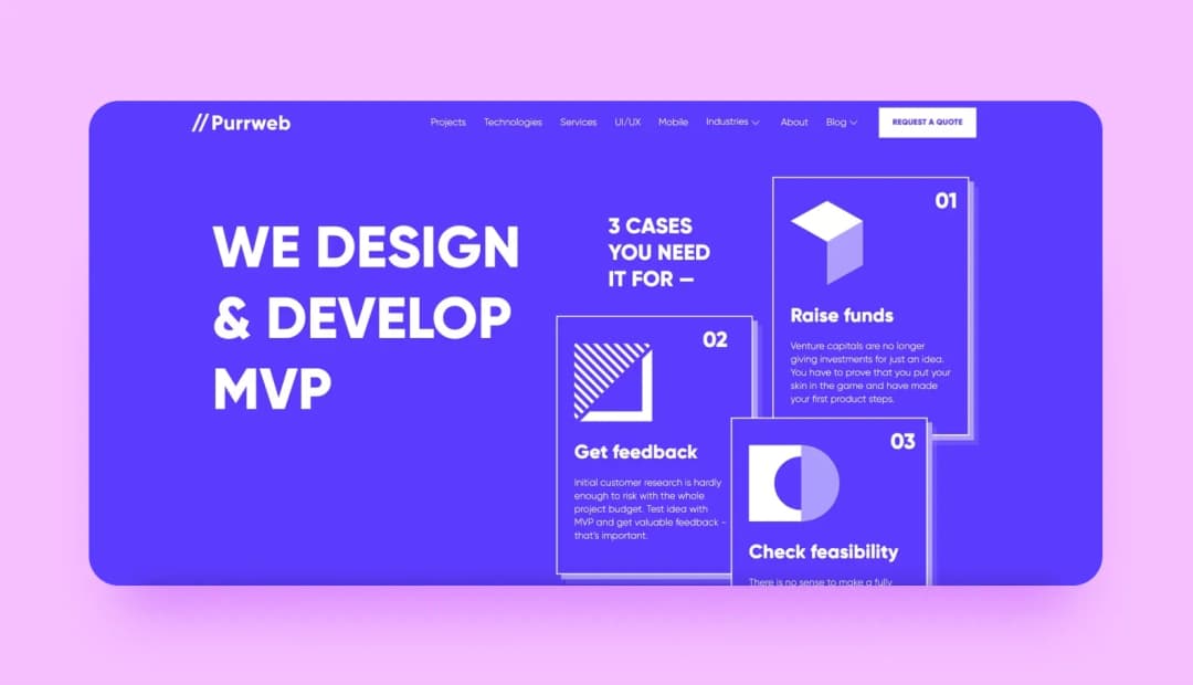 Purrweb website hero WE DESIGN & DEVELOP MVP with three cases you need it for