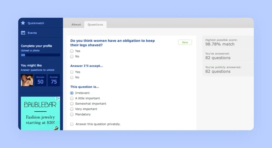 Скриншот опросника OkCupid