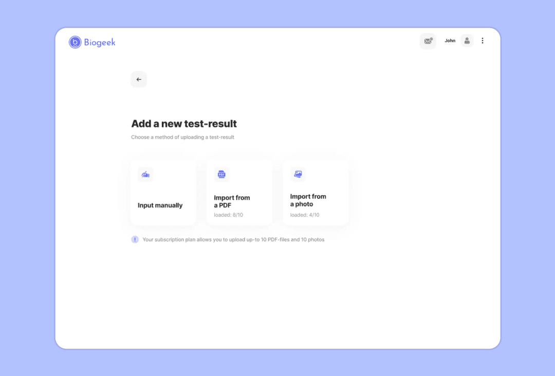 Screenshot of a Biogeek page where test results are added