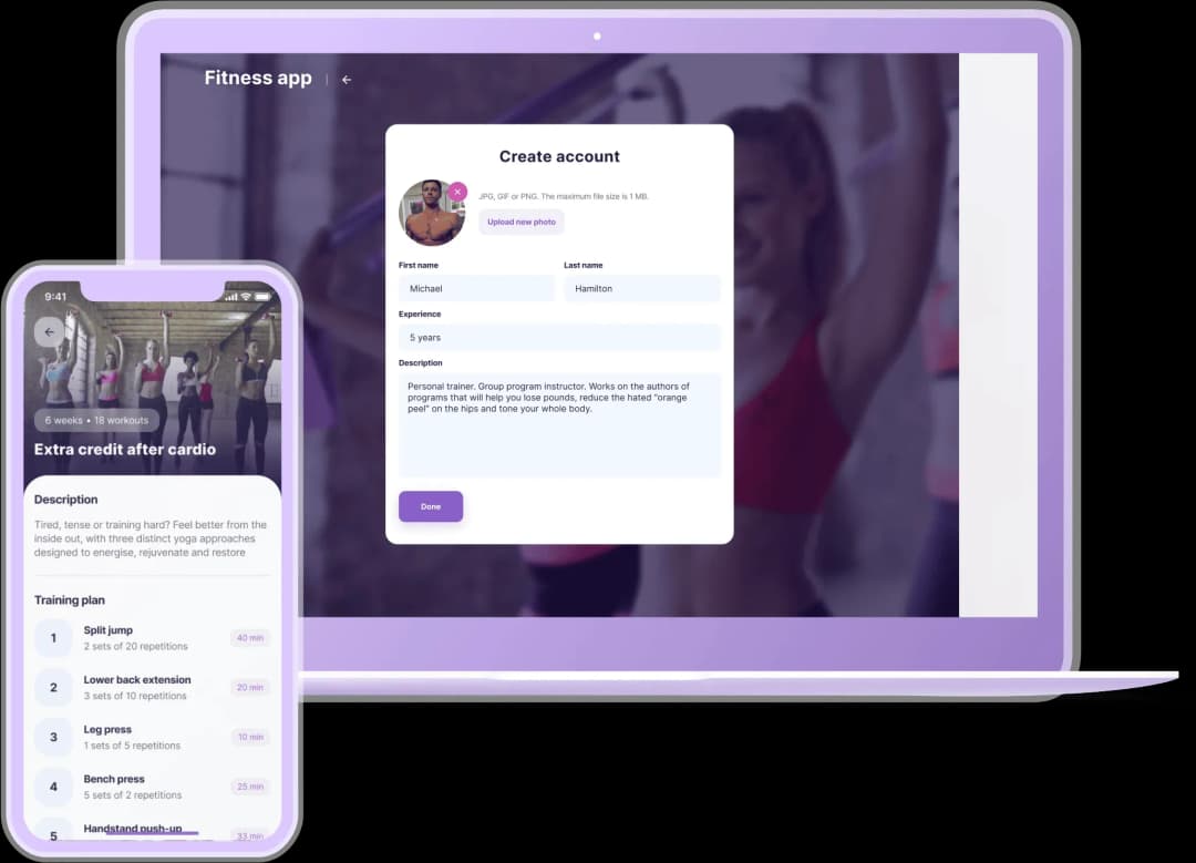Purple laptop and smartphone screens displaying a fitness app with workout plans and a create account form.