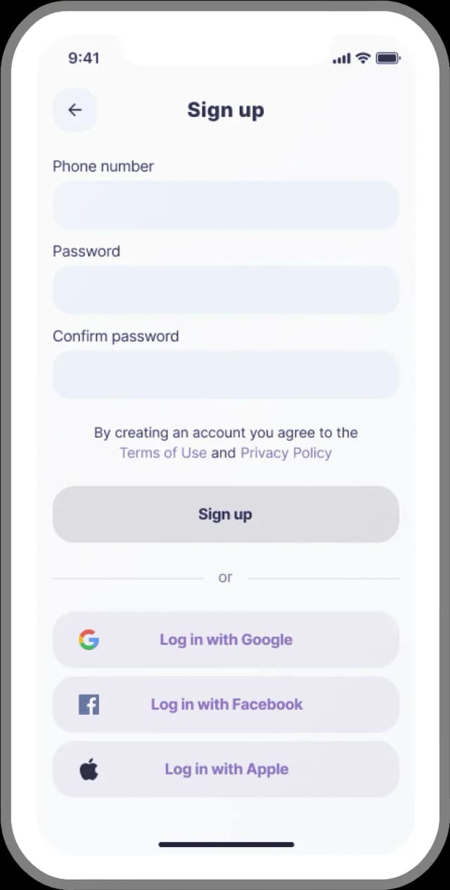 Mobile sign up screen with fields for phone number, password, and confirm password, plus sign up button and options to log in with Google, Facebook, or Apple.