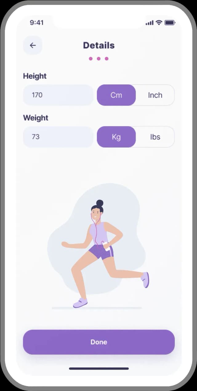 Mobile app screen titled Details showing height input set to 170 cm and weight input set to 73 kg, with illustration of a woman running wearing earphones and a Done button at the bottom.