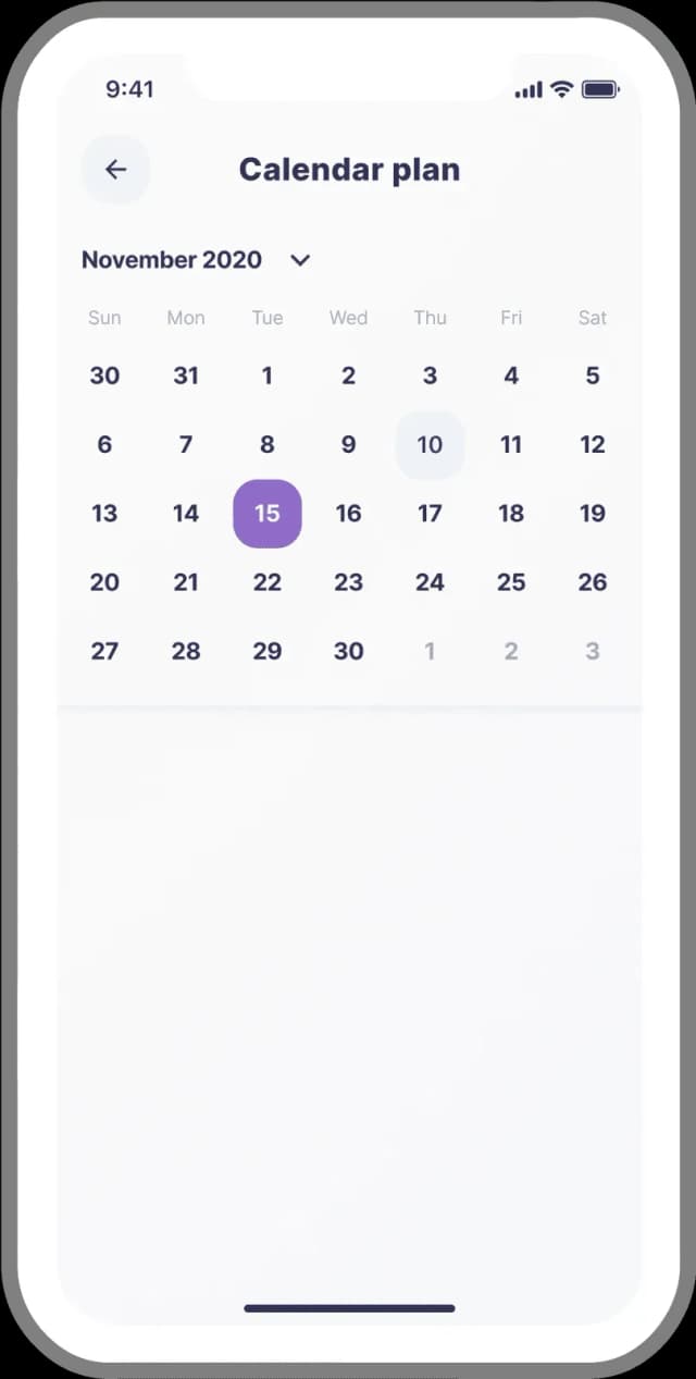 Mobile phone screen showing a November 2020 calendar with the 15th highlighted in purple and the 10th circled.