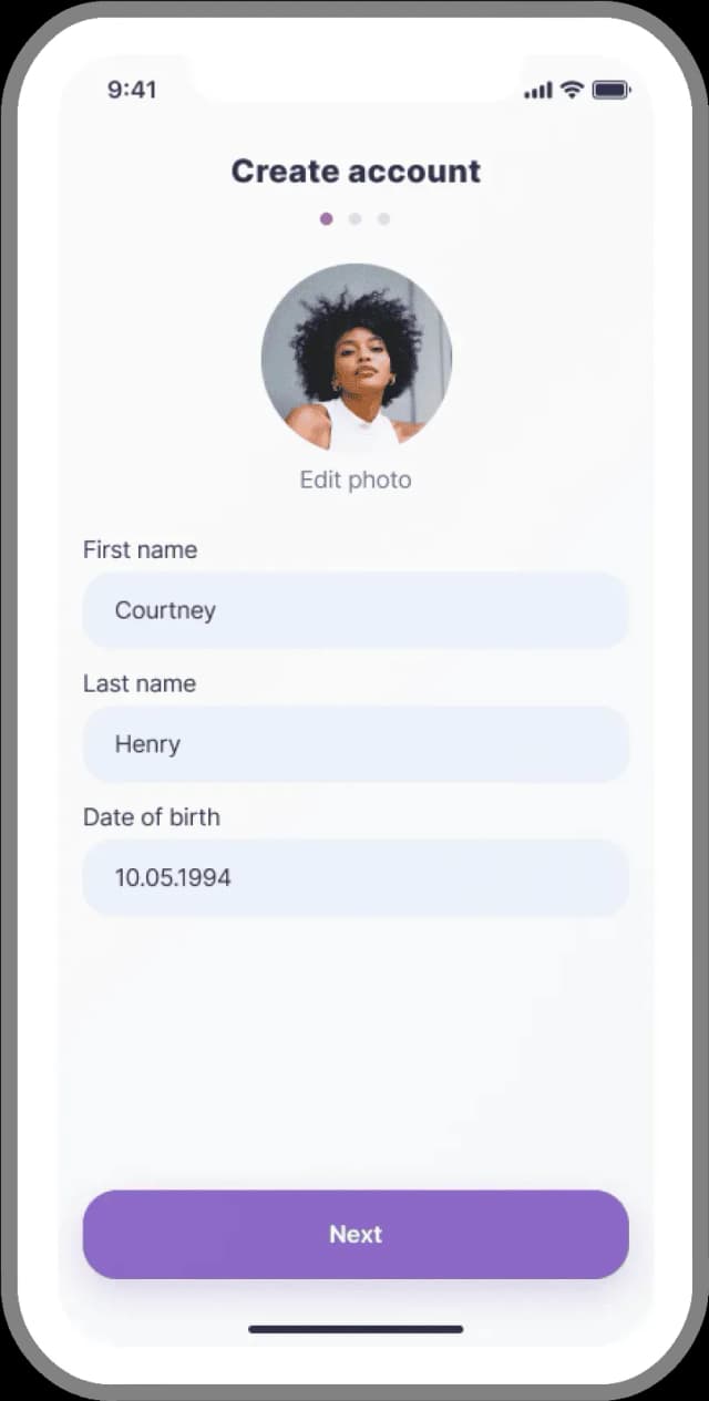 Mobile screen with a Create Account form showing a profile photo, fields for first name Courtney, last name Henry, and date of birth 10.05.1994, with a purple Next button at the bottom.
