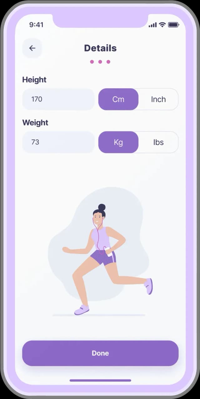 Mobile app screen showing user details input for height 170 cm and weight 73 kg with a running woman illustration below and a Done button.