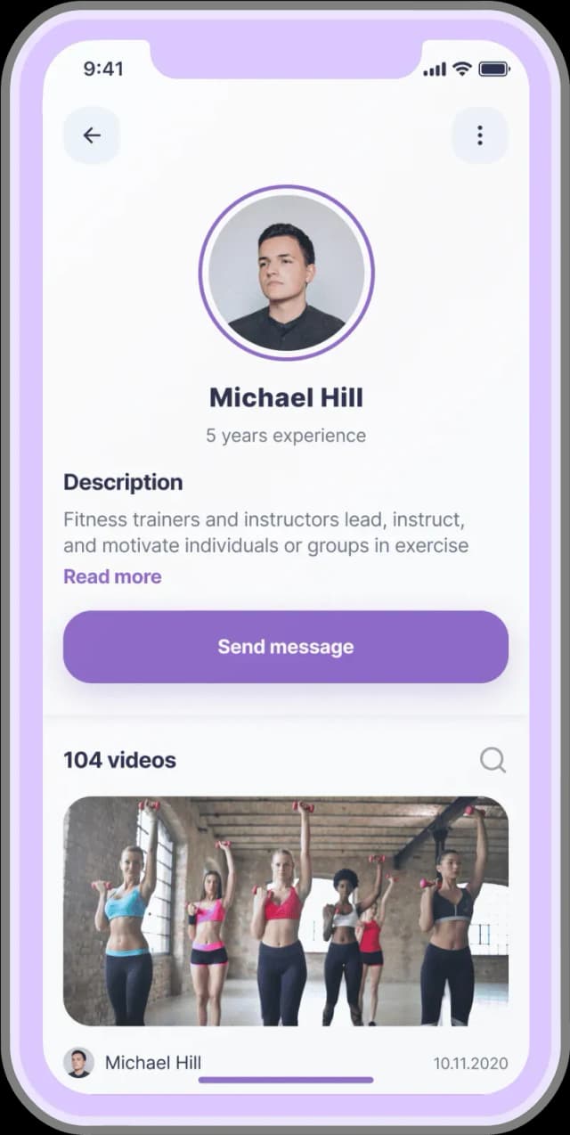 Mobile profile page showing fitness trainer Michael Hill with 5 years experience, a description, and a video thumbnail of a group exercise class.