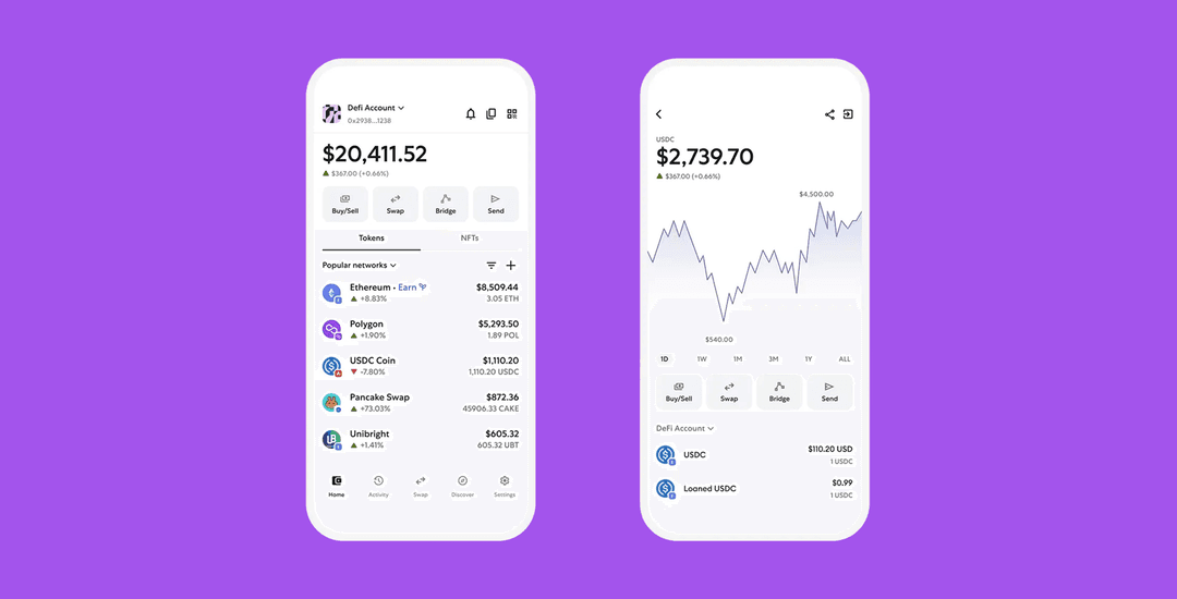 Screenshots of Metamask mobile app interface