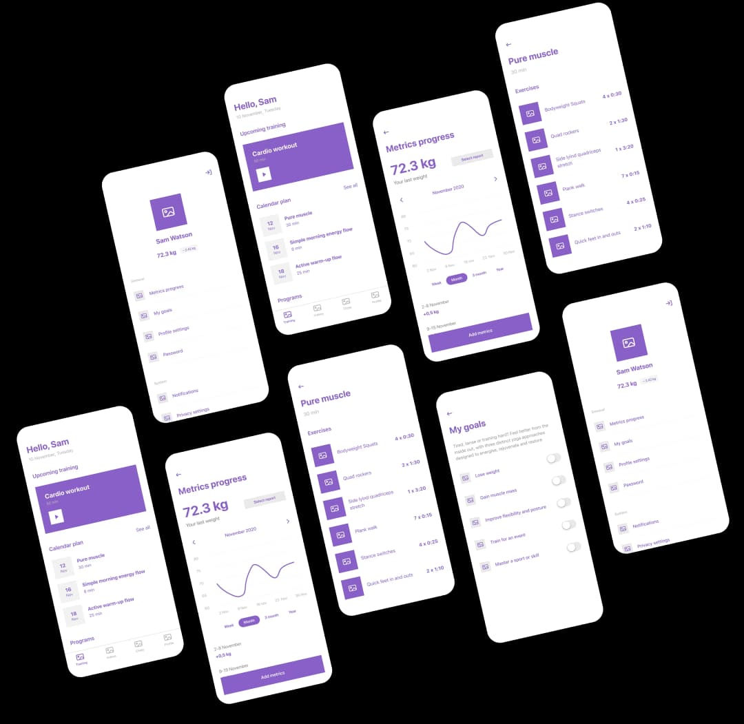 Collection of purple and white fitness app screens showing user profile, upcoming training, metrics progress graph, exercise list, and personal goals.