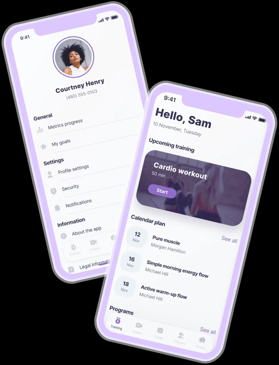 Two angled smartphone screens showing a fitness app with user profiles, workout plans, and navigation menu.