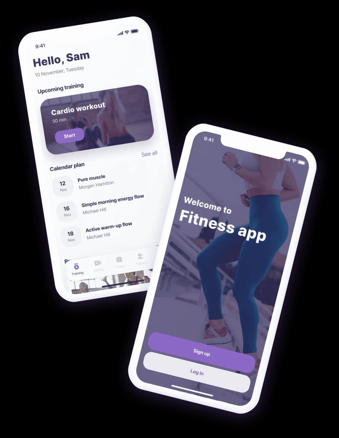 Fitness app onboarding and training screens