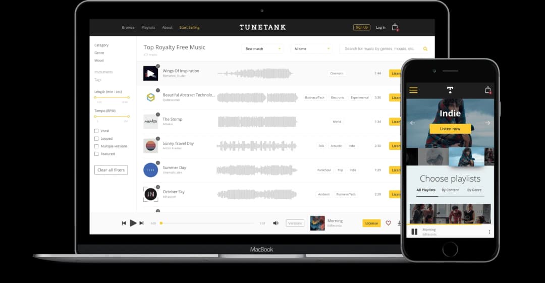 MacBook and smartphone displaying TuneTank music platform with playlist, genre filters, and playback controls.