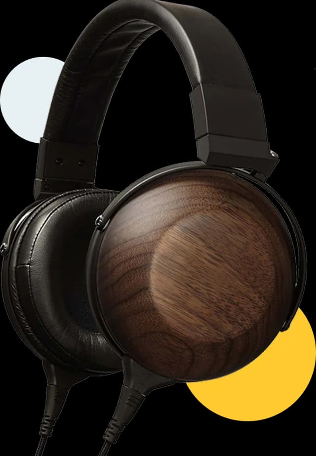 Over-ear wired headphones with black padded headband and ear cushions, featuring wooden ear cups.