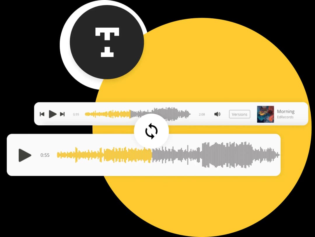 User interface showing two audio players with yellow and gray waveforms, play buttons, and a refresh icon, against a large yellow circle background.