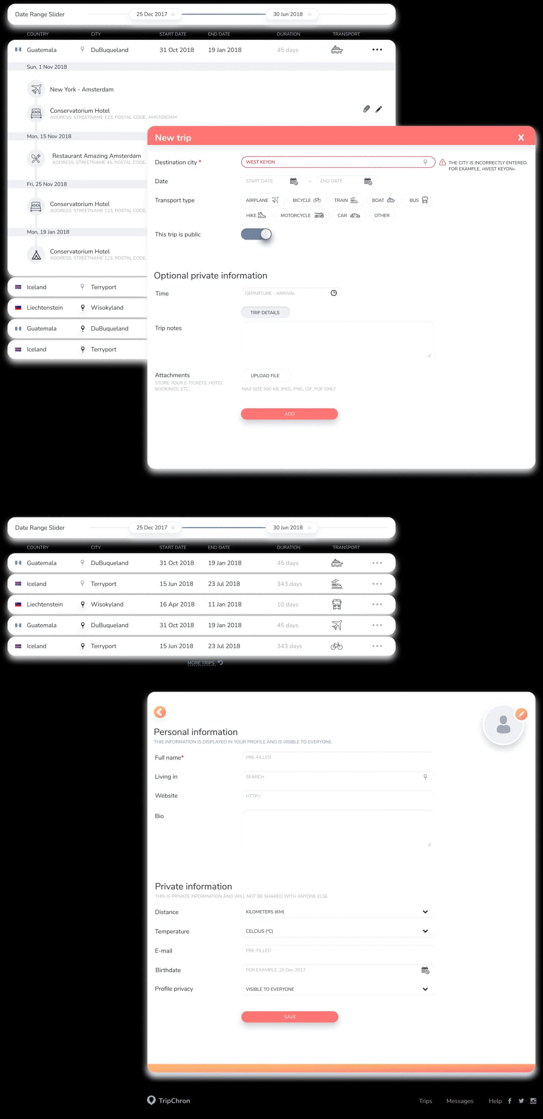 Trip booking interface with personal information forms