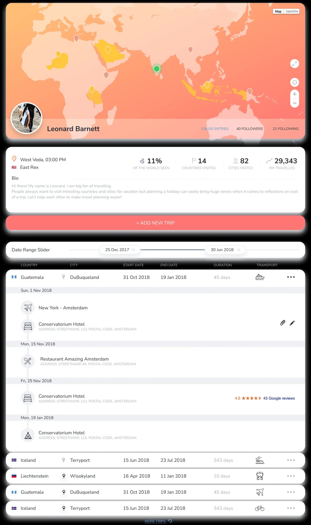 User profile and travel history interface