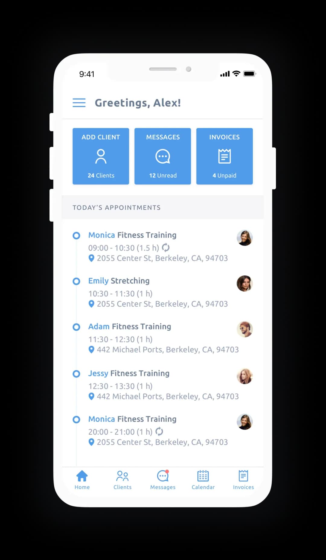 Mobile app appointments screen