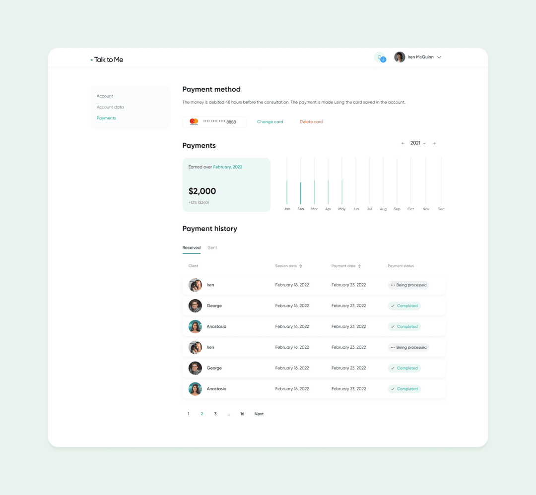 Payment history in the therapist’s profile