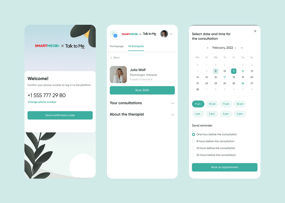 The screens of the mobile app for Talk to Me and Medsi