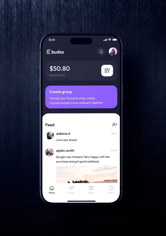 Mobile app cashback and group creation screen