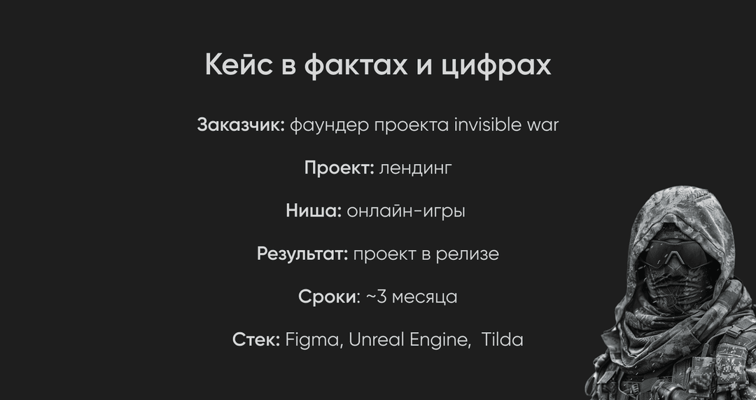 Кейс: лендинг для игры invisible war, ниша онлайн-игры, срок ~3 месяца, стек Figma, Unreal Engine, Tilda