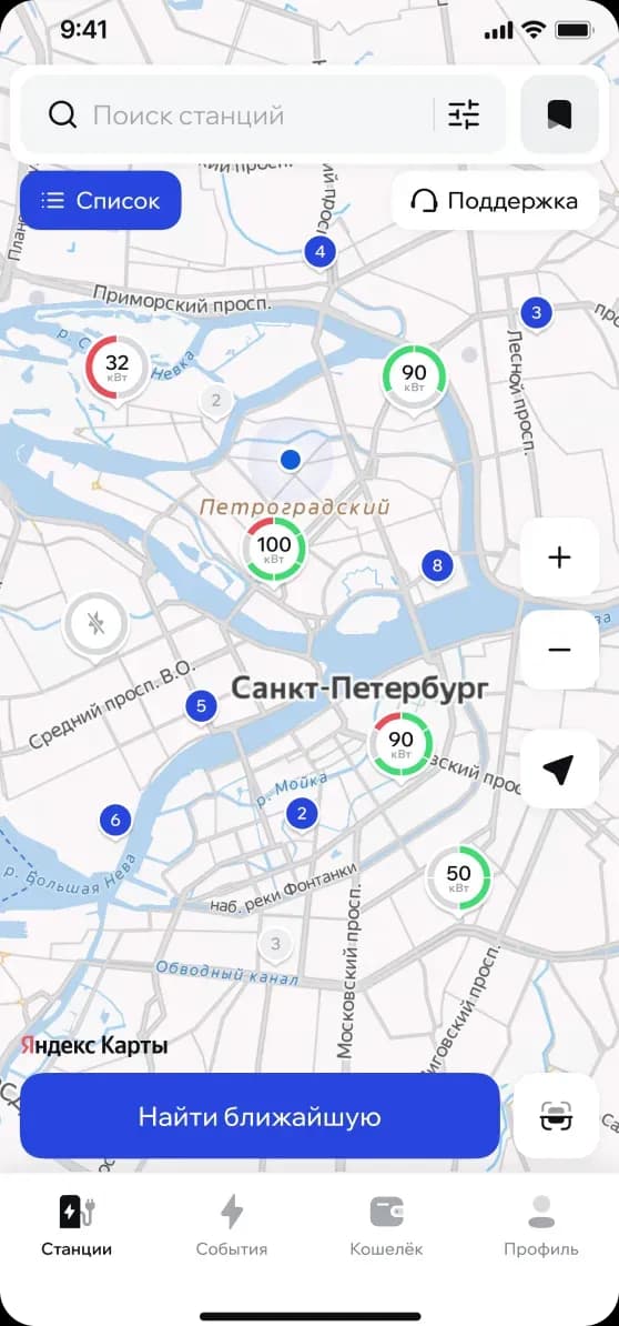 Map interface showing locations in Saint Petersburg