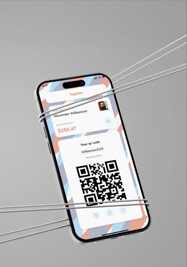 Mobile app wallet interface with QR code