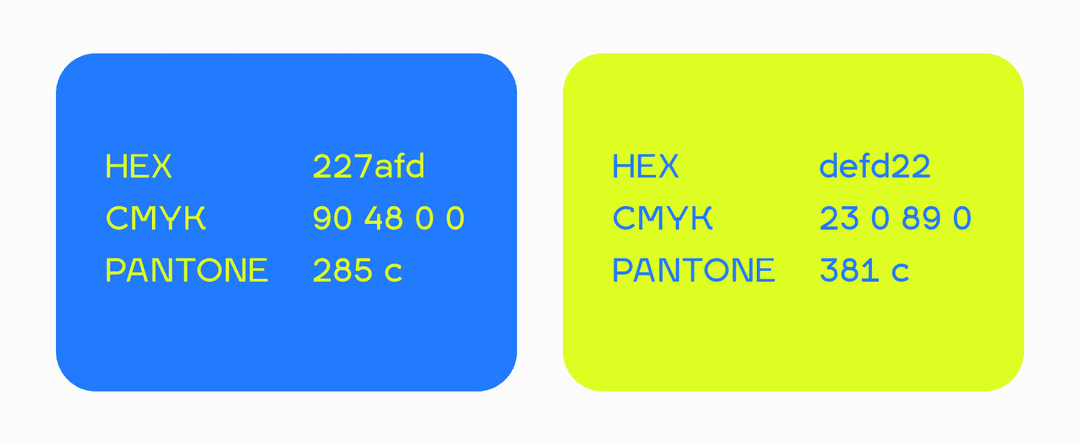 Фирменные цвета: синий 227afd и салатовый defd22 с кодами CMYK и Pantone