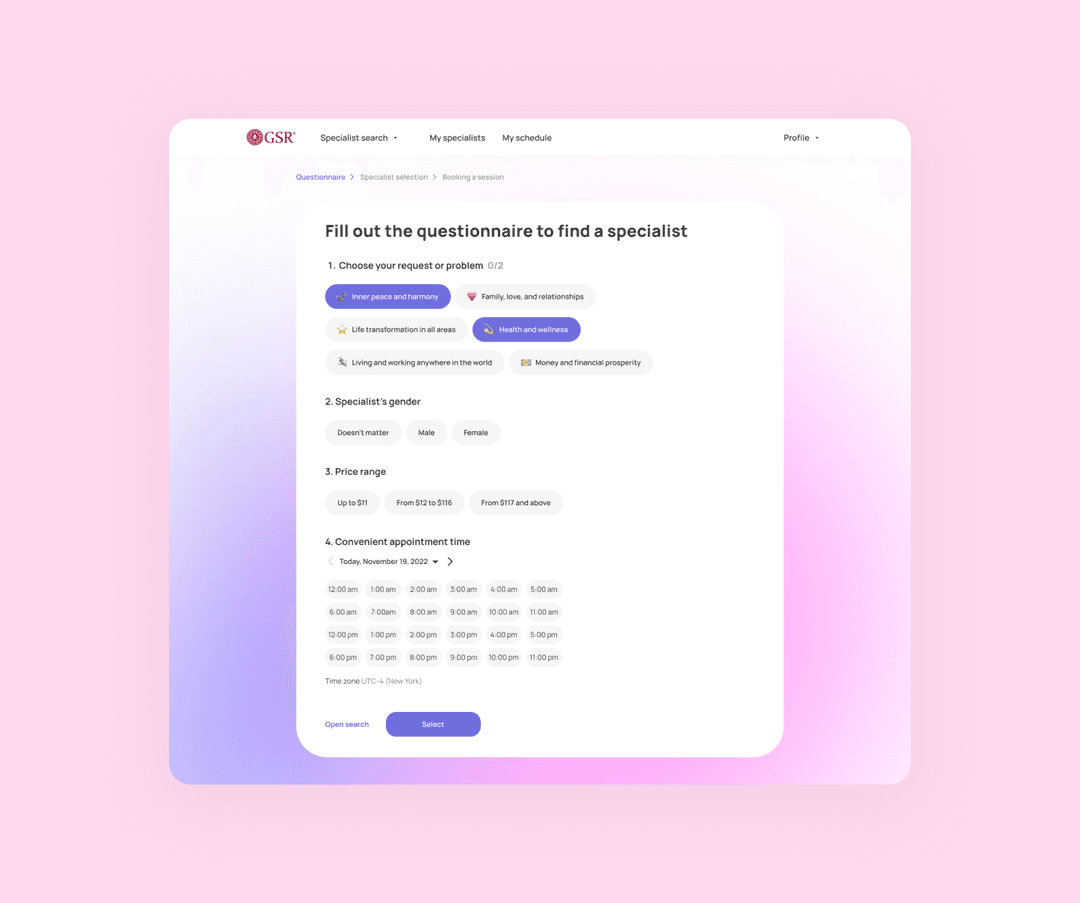 Example of a questionnaire with selected answers