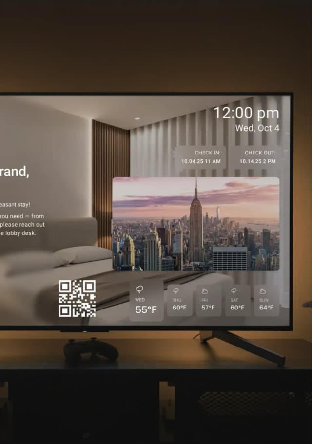 Hotel room welcome screen with weather update