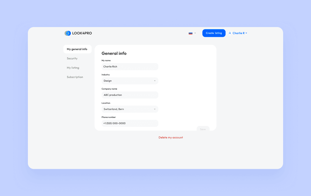 A user information screen in a web app