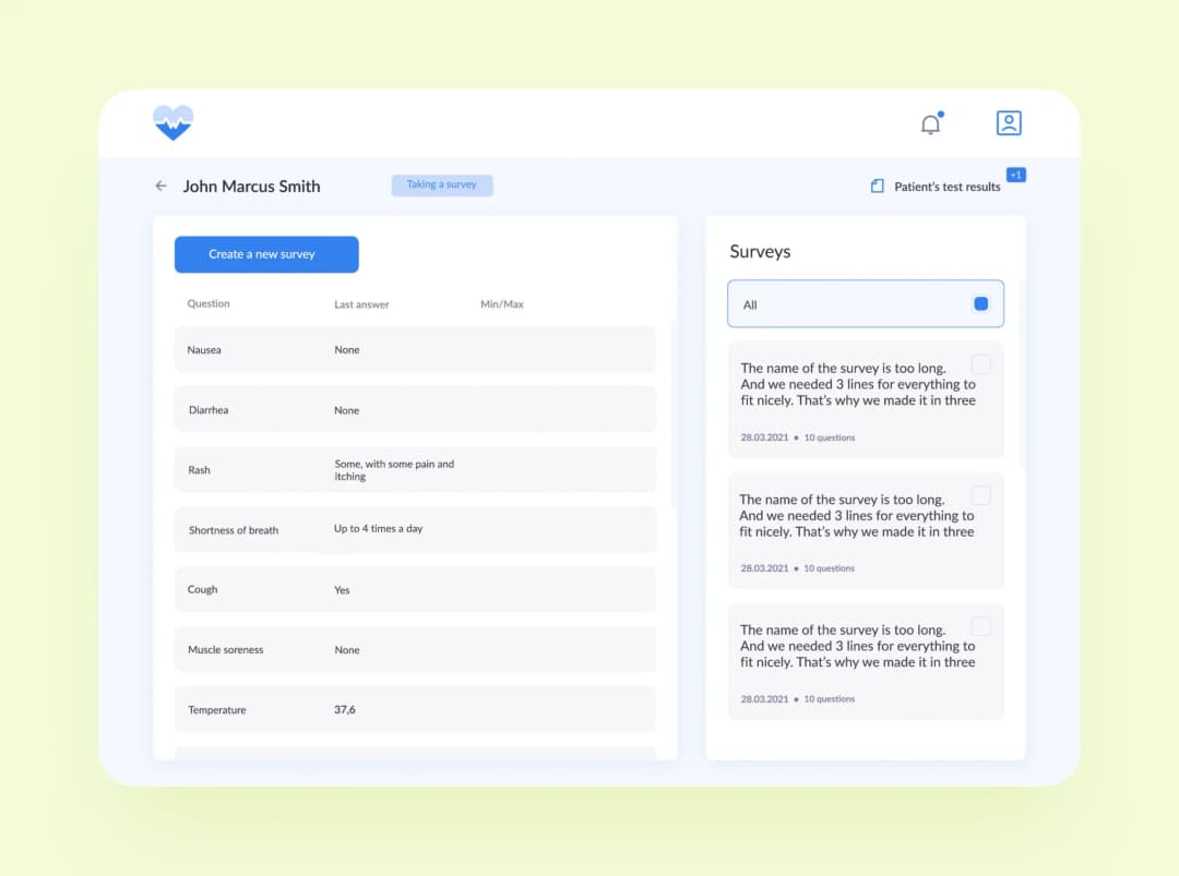 Healthcare app dashboard: patient symptom survey with answers and list of surveys on the right