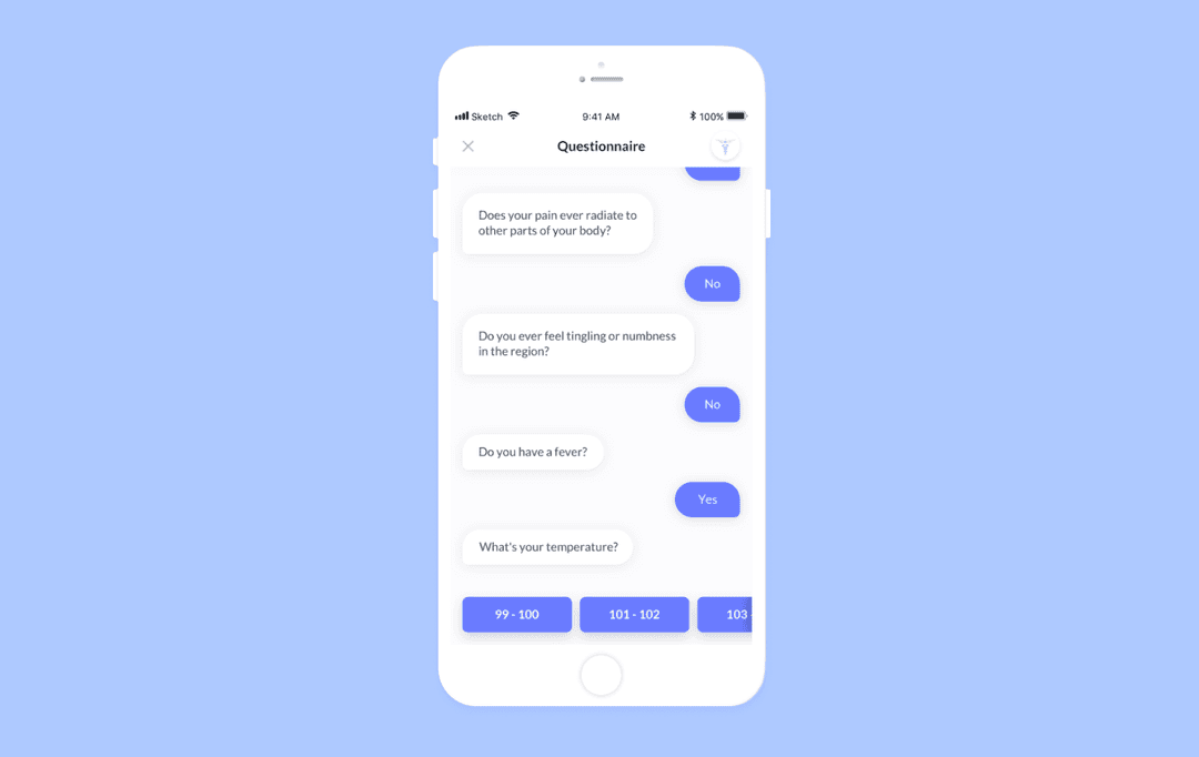 A screen showing messages between an AI assistant and a user of a healthcare software