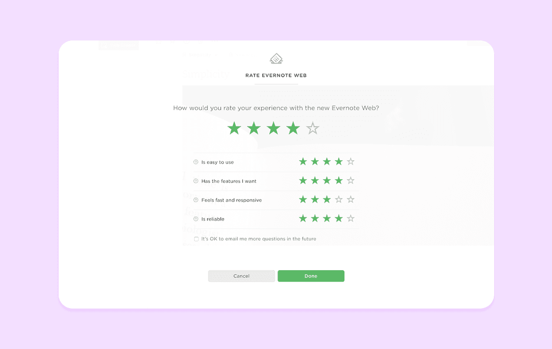 A user feedback form of the Evernote web app