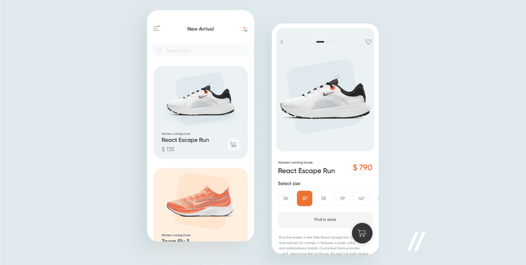 Мобильное приложение магазина кроссовок: каталог New Arrival и карточка React Escape Run с выбором размера