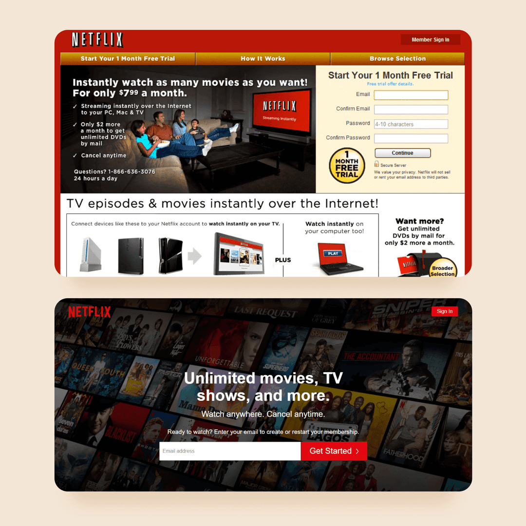 А вот как как менялся официальный сайт сервиса Netflix