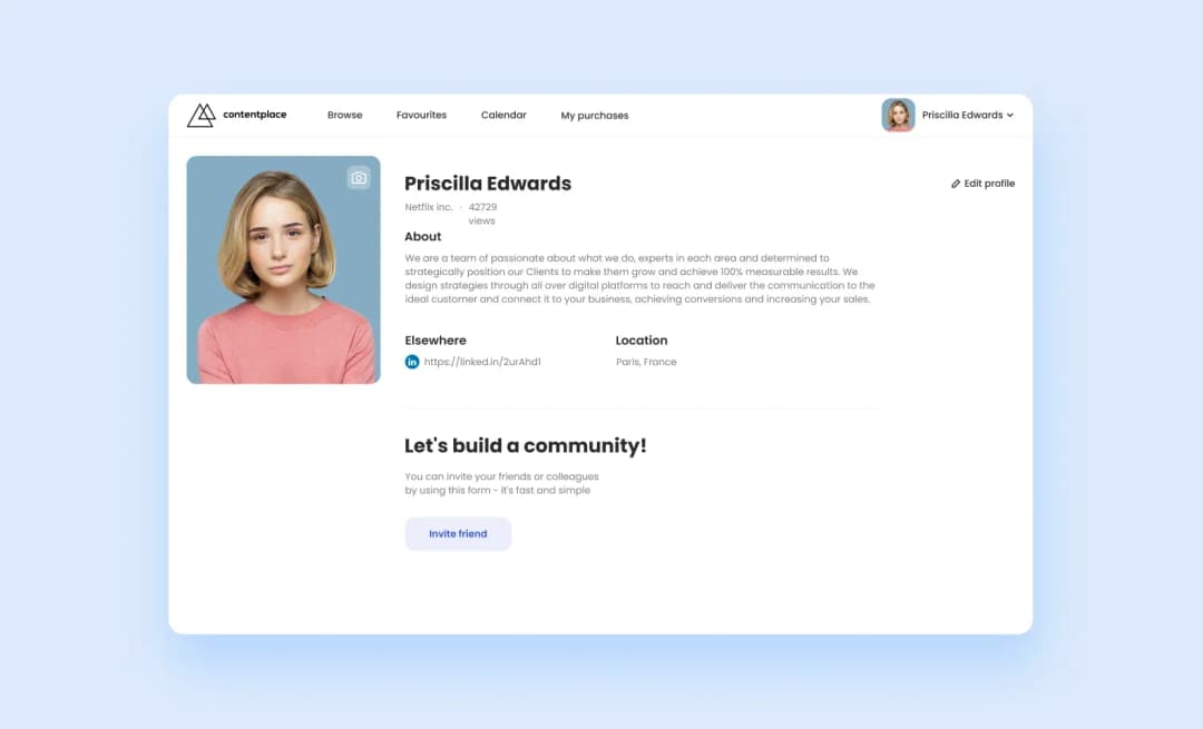 Профиль пользователя ContentPlace: Priscilla Edwards из Netflix, ссылка LinkedIn и блок «Let's build a community»
