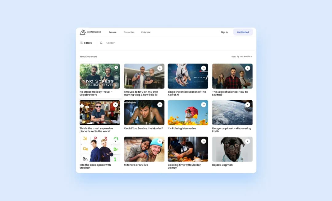 Каталог видео ContentPlace: сетка карточек роликов с поиском, фильтрами и сортировкой по топ-результатам
