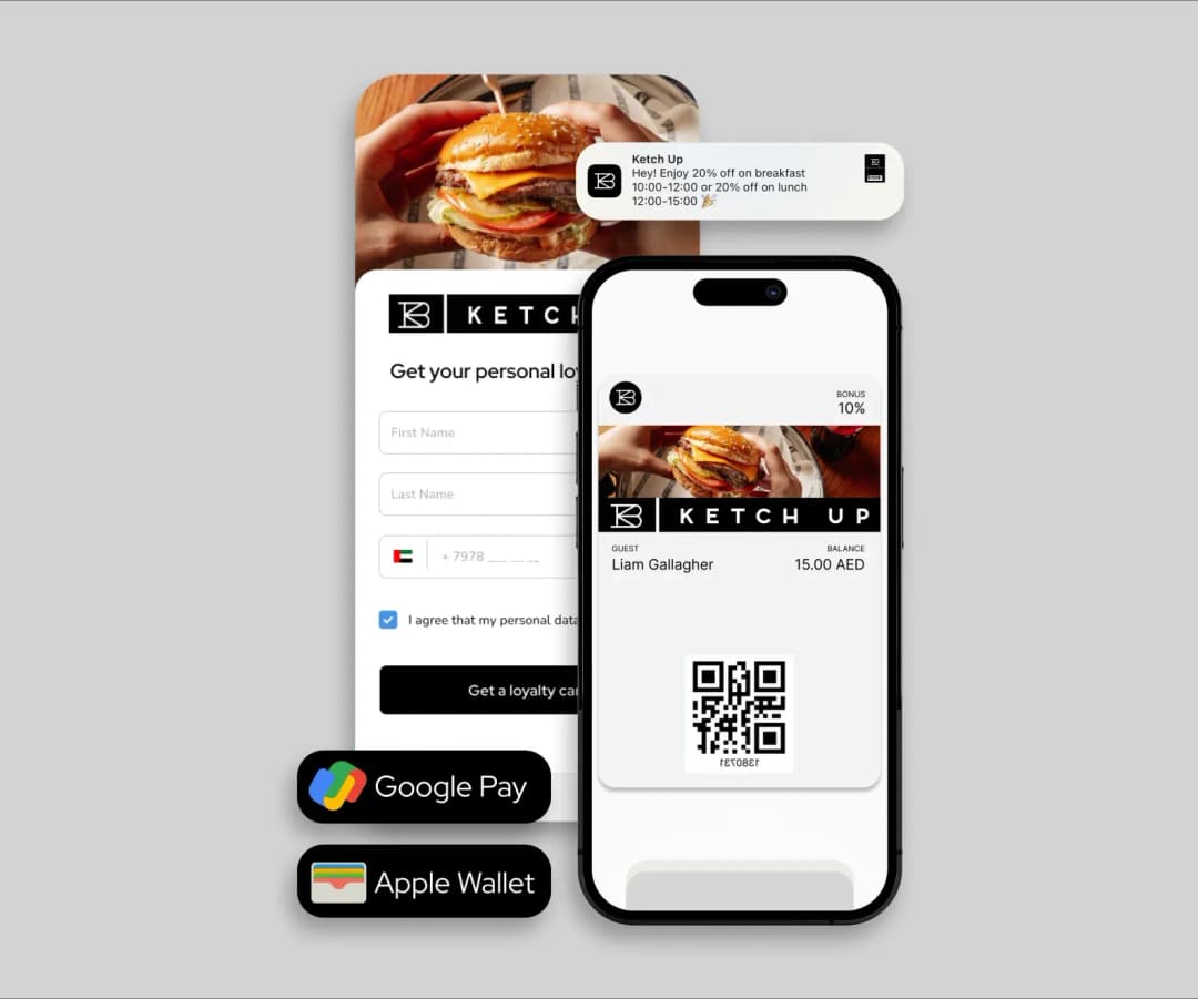 Приложение карты лояльности Ketch Up: анкета регистрации и цифровая карта с QR, Google Pay и Apple Wallet