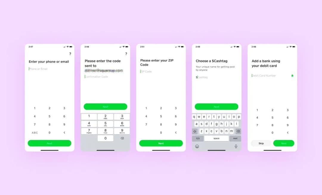 Screenshots of a signup form in Cash App