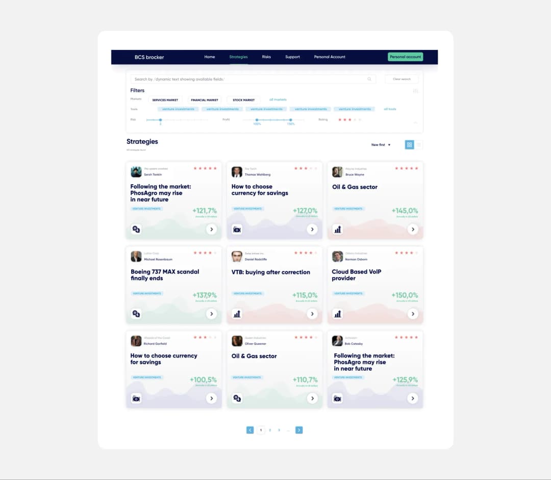 A screenshot of Fintarget showing multiple strategy cards
