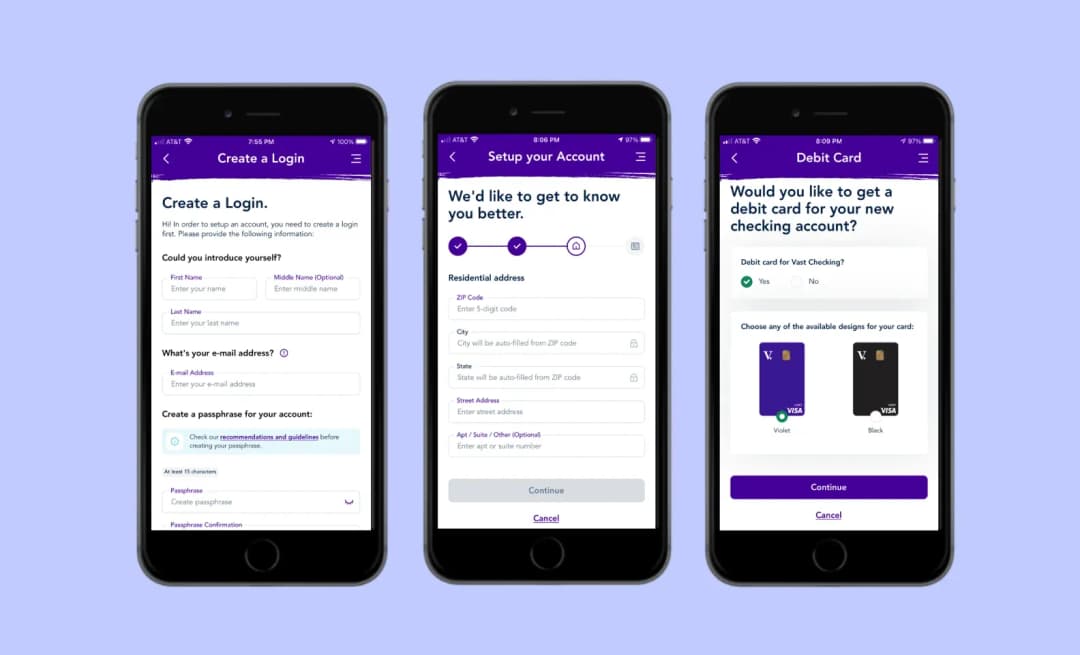Three phone screens of a banking app: create a login, setup account address, and choose a debit card
